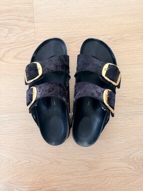Birkenstock Black Suede Double Buckle Sandals with Gold Buckles